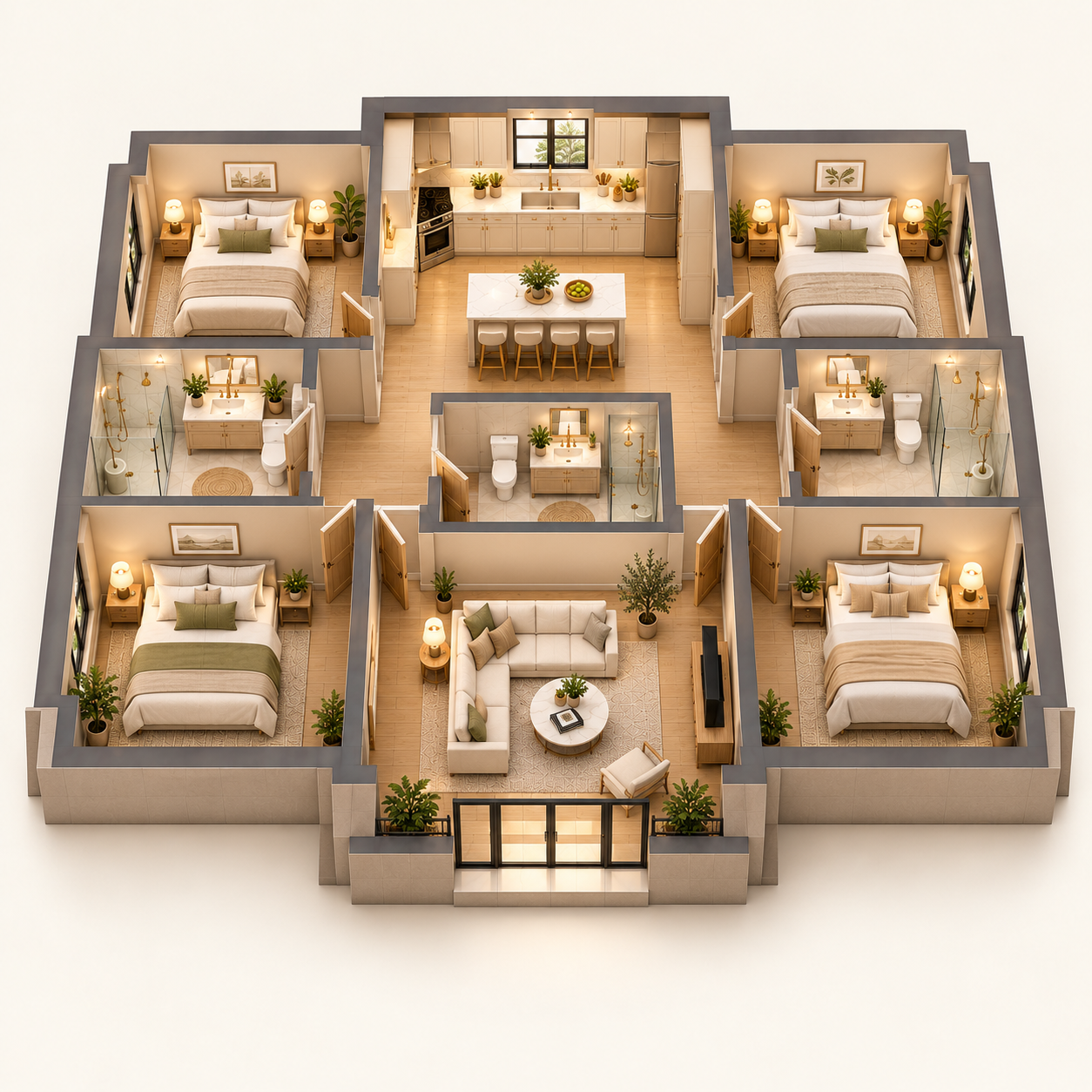 Illustrative 4 Bedrooms / 2–3 Bathrooms cleaning layout