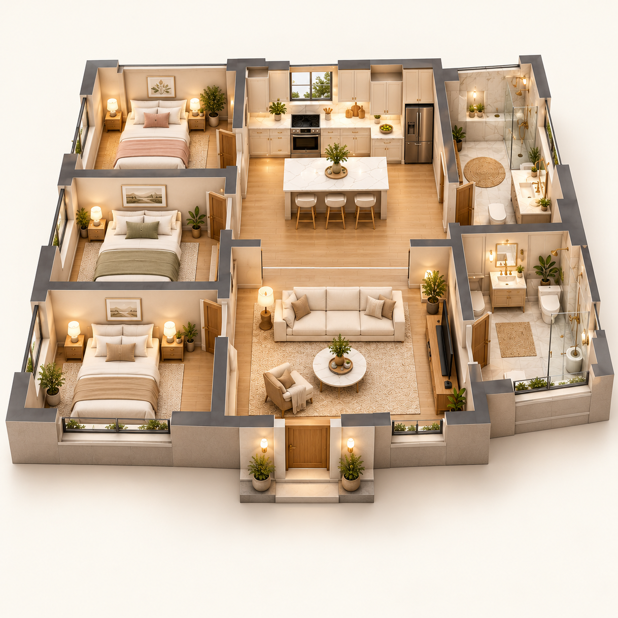 Illustrative 3 Bedrooms / 2 Bathrooms cleaning layout