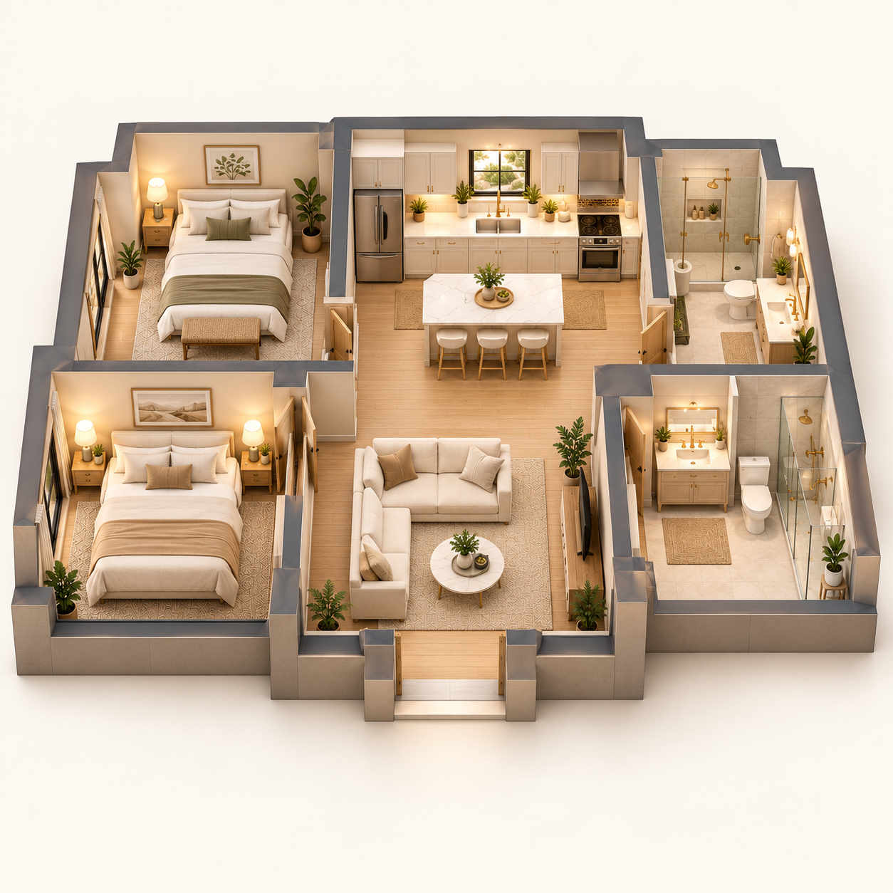 Illustrative 2 Bedrooms / 1–2 Bathrooms cleaning layout